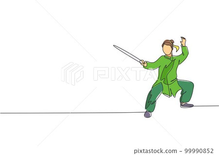Single continuous line drawing of young woman wushu fighter, kung fu master in uniform training with sword at dojo center. Fighting contest concept. Trendy one line draw design vector illustration Single continuous line drawing of young woman wushu fighter, kung fu master in uniform training with sword at dojo center. Fighting contest concept. Trendy one line draw design vector illustration 99990852