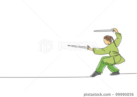 Single continuous line drawing of young woman wushu fighter, kung fu master in uniform training with swords at dojo center. Fighting contest concept. Trendy one line draw design vector illustration Single continuous line drawing of young woman wushu fighter, kung fu master in uniform training with swords at dojo center. Fighting contest concept. Trendy one line draw design vector illustration 99990856