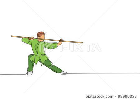 One continuous line drawing of young wushu master man, kung fu warrior in kimono with long staff on training. Martial art sport contest concept. Dynamic single line draw design vector illustration One continuous line drawing of young wushu master man, kung fu warrior in kimono with long staff on training. Martial art sport contest concept. Dynamic single line draw design vector illustration 99990858