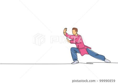 Single continuous line drawing of young man wushu fighter, kung fu master in uniform training tai chi stance at dojo center. Fighting contest concept. Trendy one line draw design vector illustration Single continuous line drawing of young man wushu fighter, kung fu master in uniform training tai chi stance at dojo center. Fighting contest concept. Trendy one line draw design vector illustration 99990859