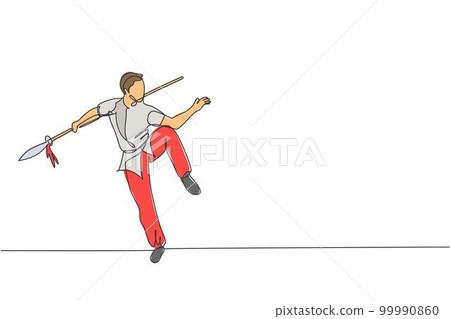 One single line drawing of young man on kimono exercise wushu martial art, kung fu technique with spear on gym center vector illustration. Fighting sport concept. Modern continuous line draw design One single line drawing of young man on kimono exercise wushu martial art, kung fu technique with spear on gym center vector illustration. Fighting sport concept. Modern continuous line draw design 99990860