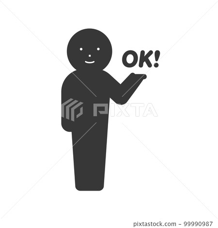 一個微笑的人拿著 OK 的圖標/象形圖！- ok、批准、理解的圖像 99990987