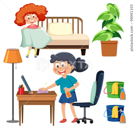 Set of children doing chores with household equipments 99991105