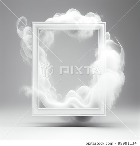 White swirling smoke square frame isolated on grey background. White color abstract smooth flowing vapour. Ai generated geometric square frame design. White swirling smoke square frame isolated on grey background. White color abstract smooth flowing vapour. Ai generated geometric square frame design. 99991134