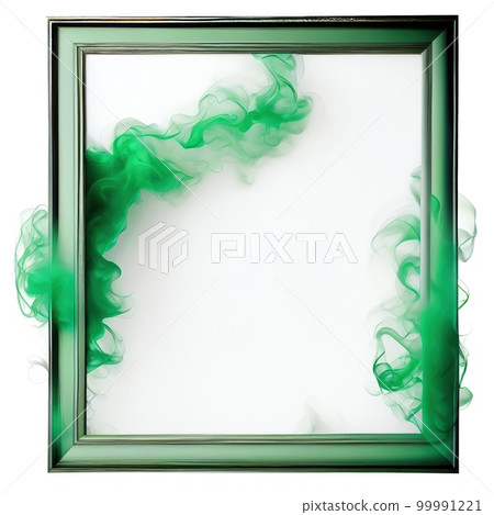 Green swirling smoke square frame isolated on white background. Green color abstract smooth flowing vapour. Ai generated square frame design. 99991221