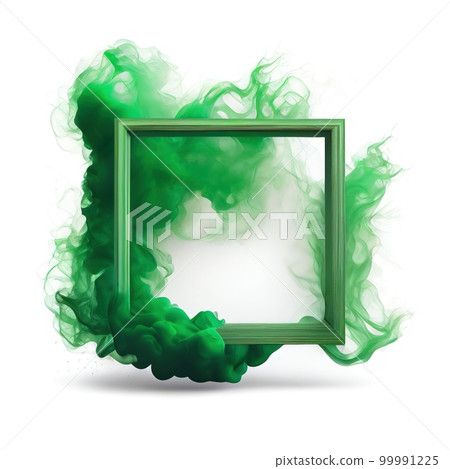 Green swirling smoke square frame isolated on white background. Green color abstract smooth flowing vapour. Ai generated square frame design. 99991225