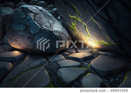 Fantasy stones abstract background with neon lights. Mystery stone texture, nothern lights colors, mystery lighting. Ai generated horizontal illustration with fantasy neon pebbles. Fantasy stones abstract background with neon lights. Mystery stone texture, nothern lights colors, mystery lighting. Ai generated horizontal illustration with fantasy neon pebbles. 99991409