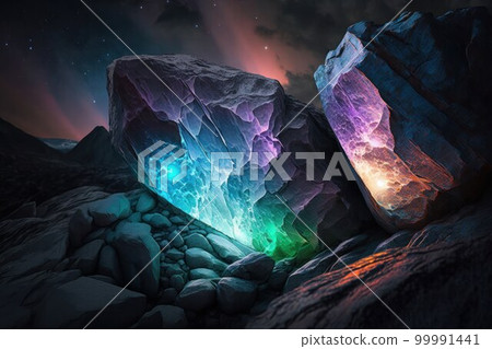 Fantasy stones abstract background with neon lights. Mystery stone texture, nothern lights colors, mystery lighting. Ai generated horizontal illustration with fantasy neon pebbles. Fantasy stones abstract background with neon lights. Mystery stone texture, nothern lights colors, mystery lighting. Ai generated horizontal illustration with fantasy neon pebbles. 99991441