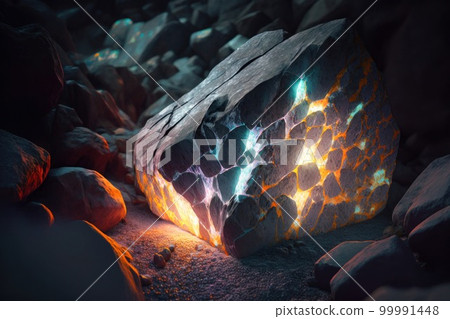 Fantasy stones abstract background with neon lights. Mystery stone texture, nothern lights colors, mystery lighting. Ai generated horizontal illustration with fantasy neon pebbles. Fantasy stones abstract background with neon lights. Mystery stone texture, nothern lights colors, mystery lighting. Ai generated horizontal illustration with fantasy neon pebbles. 99991448