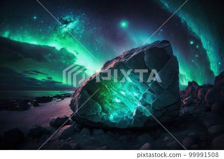 Fantasy stones abstract background with neon lights. Mystery stone texture, nothern lights colors, mystery lighting. Ai generated horizontal illustration with fantasy neon pebbles. Fantasy stones abstract background with neon lights. Mystery stone texture, nothern lights colors, mystery lighting. Ai generated horizontal illustration with fantasy neon pebbles. 99991508