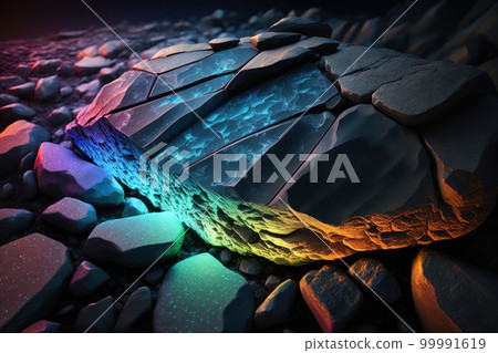 Fantasy stones abstract background with neon lights. Mystery stone texture, nothern lights colors, mystery lighting. Ai generated horizontal illustration with fantasy neon pebbles. Fantasy stones abstract background with neon lights. Mystery stone texture, nothern lights colors, mystery lighting. Ai generated horizontal illustration with fantasy neon pebbles. 99991619