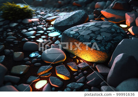 Fantasy stones abstract background with neon lights. Mystery stone texture, nothern lights colors, mystery lighting. Ai generated horizontal illustration with fantasy neon pebbles. 99991636
