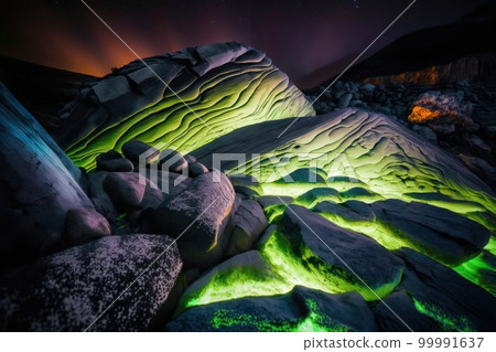 Fantasy stones abstract background with neon lights. Mystery stone texture, nothern lights colors, mystery lighting. Ai generated horizontal illustration with fantasy neon pebbles. Fantasy stones abstract background with neon lights. Mystery stone texture, nothern lights colors, mystery lighting. Ai generated horizontal illustration with fantasy neon pebbles. 99991637