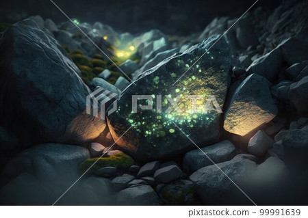 Fantasy stones abstract background with neon lights. Mystery stone texture, nothern lights colors, mystery lighting. Ai generated horizontal illustration with fantasy neon pebbles. 99991639