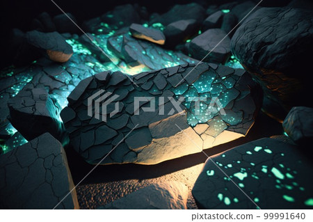 Fantasy stones abstract background with neon lights. Mystery stone texture, nothern lights colors, mystery lighting. Ai generated horizontal illustration with fantasy neon pebbles. 99991640