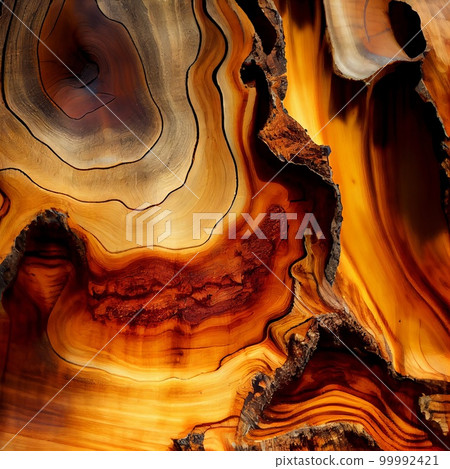 Wood slab with epoxy resin surface abstract background. Decorative interior timber closeup, detailed wooden texture. Natural polished brown wood material abstract pattern. 99992421