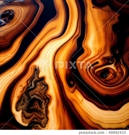 Wood slab with epoxy resin surface abstract background. Decorative interior timber closeup, detailed wooden texture. Natural polished brown wood material abstract pattern. 99992433
