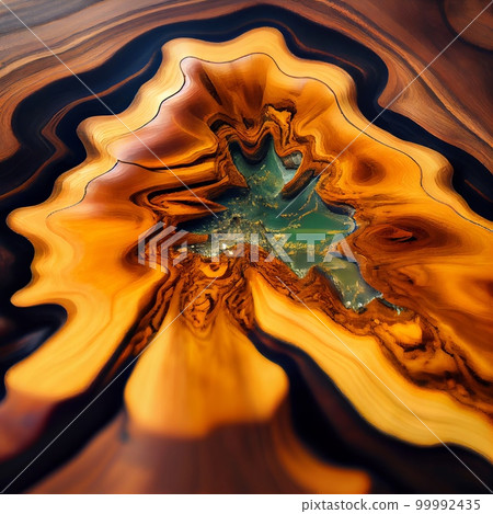 Wood slab with epoxy resin surface abstract background. Decorative interior timber closeup, detailed wooden texture. Natural polished brown wood material abstract pattern. 99992435