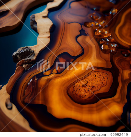 Wood slab with epoxy resin surface abstract background. Decorative interior timber closeup, detailed wooden texture. Natural polished brown wood material abstract pattern. 99992449