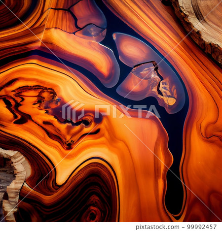 Wood slab with epoxy resin surface abstract background. Decorative interior timber closeup, detailed wooden texture. Natural polished brown wood material abstract pattern. 99992457