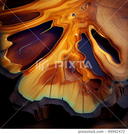 Wood slab with epoxy resin surface abstract background. Decorative interior timber closeup, detailed wooden texture. Natural polished brown wood material abstract pattern. 99992472