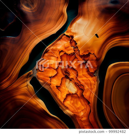 Wood slab with epoxy resin surface abstract background. Decorative interior timber closeup, detailed wooden texture. Natural polished brown wood material abstract pattern. 99992482
