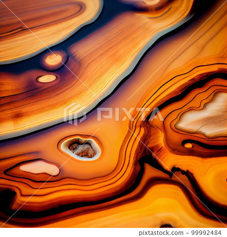 Wood slab with epoxy resin surface abstract background. Decorative interior timber closeup, detailed wooden texture. Natural polished brown wood material abstract pattern. 99992484