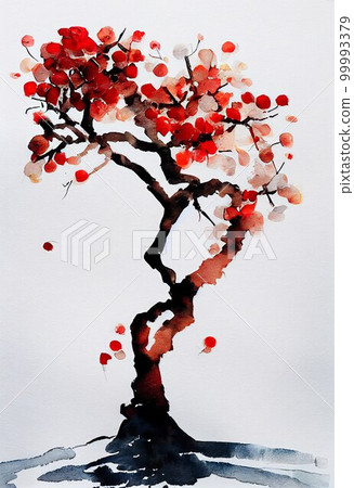 Watercolor tree in bloom on white background. Japaneese cherry blossom. Minimalist interior vertical poster. AI generated creative decorative watercolor sakura vertical print. 99993379