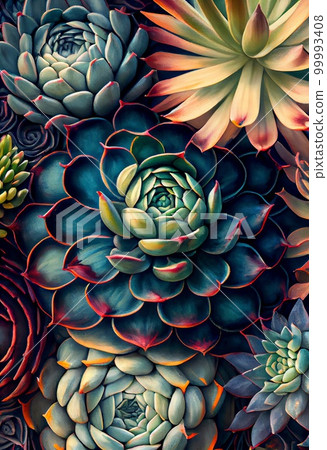 Succulent plants abstract pattern. Artistic drawn bright flowers and buds painting. AI generated creative decorative floral green realistic vertical poster. 99993408