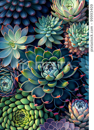 Succulent plants abstract pattern. Artistic drawn bright flowers and buds painting. AI generated creative decorative floral green realistic vertical poster. 99993409