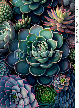 Succulent plants abstract pattern. Artistic drawn bright flowers and buds painting. AI generated creative decorative floral green realistic vertical poster. 99993410