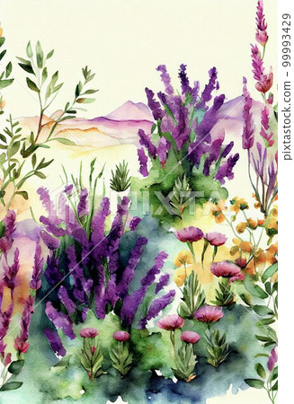 Provence herbs and abstract watercolor flowers. Savory and rosemary plants, lavender on a field. AI generated creative decorative watercolor vertical print. 99993429