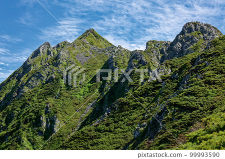 從北阿爾卑斯山和西穗高山的山脊線看到的雙標峰和金字塔峰 99993590