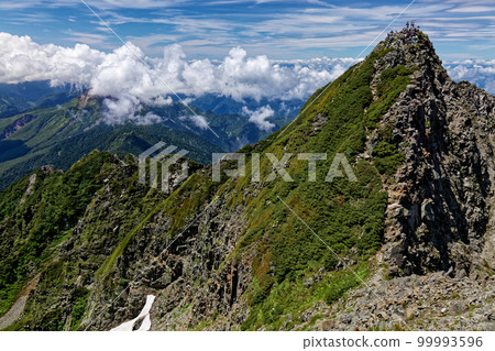 從奧穗高山的山脊線看到的北阿爾卑斯山西穗高山的山頂 從奧穗高山的山脊線看到的北阿爾卑斯山西穗高山的山頂 99993596