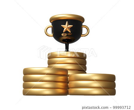 Golden champion cup or trophies with gold dollar coins stacks isolated. financial success concept, 3d render illustration 99993712