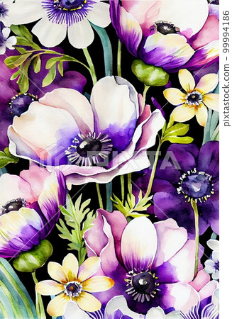 White and purple anemone floral abstract pattern. Artistic drawn bright flowers and buds field painting. AI generated creative decorative watercolor vertical poster. 99994186