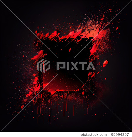 A square frame with red paint splashes on black background. Liquid paint pouring texture. Ai generated abstract illustration with black square frame covered with colorful drops. A square frame with red paint splashes on black background. Liquid paint pouring texture. Ai generated abstract illustration with black square frame covered with colorful drops. 99994297