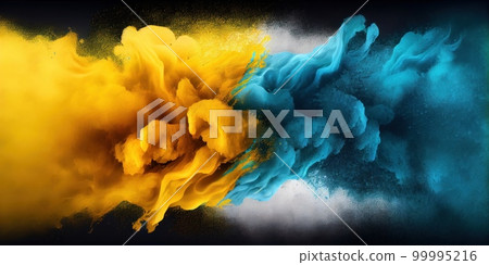 Blue and yellow powder explosion abstract background. Colored sand dust texture. Ai generated decorative Blue and yellow holi festival paint powder horizontal illustration. 99995216