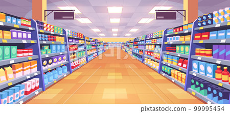 Aisle in grocery store, shelves vector background 99995454