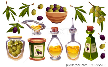 Food icons with olive, oil in bottles and leaves 99995510