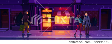 Night street bar in rain, people silhouette relax Night street bar in rain, people silhouette relax 99995539