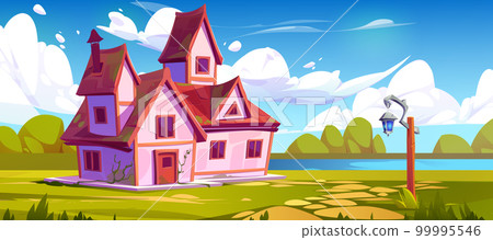 Pink rural house on forest glade near lake 99995546