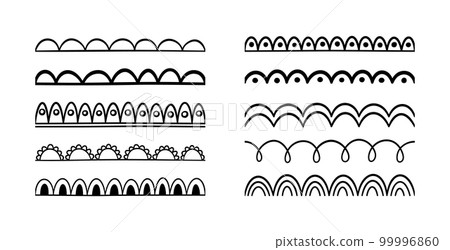 Doodle scalloped edge seamless brush stroke. Hand drawn scalloped border. Fabric laces silhouette. Repeat cute vintage frill ornament. Texture ribbon. Vector illustration isolated on white background 99996860