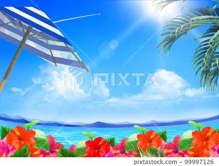 Summer fashionable frame background material with striped parasols and hibiscus blooming by the sea under the blue sky where the sun shines Summer fashionable frame background material with striped parasols and hibiscus blooming by the sea under the blue sky where the sun shines 99997126