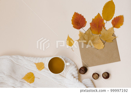 A cup of tea on a white saucer surrounded by fallen autumn leaves and chestnuts, a mail envelope with leaves and a white cozy blanket on a beige background 99997192
