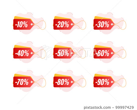 Sale tags. Special offer discount tag 10, 10, 20, 30, 40, 50, 60, 70, 80, 90 percent off price. Discount promotion Sale tags. Special offer discount tag 10, 10, 20, 30, 40, 50, 60, 70, 80, 90 percent off price. Discount promotion 99997429