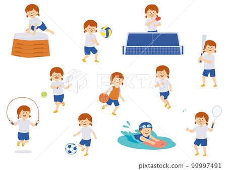 一個女孩在學校體育課上享受運動的插圖 一個女孩在學校體育課上享受運動的插圖 99997491