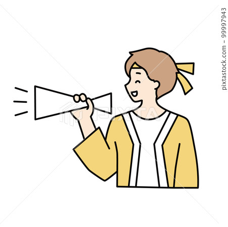 A male staff wearing a happi coat holding a megaphone A male staff wearing a happi coat holding a megaphone 99997943
