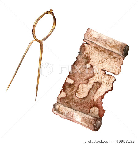 Ancient map and dividers watercolor illustration isolated on white. Ancient map and dividers watercolor illustration isolated on white. 99998152