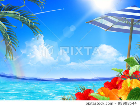 Summer fashionable frame background material with striped parasols and hibiscus blooming by the sea under the blue sky where the sun shines 99998544
